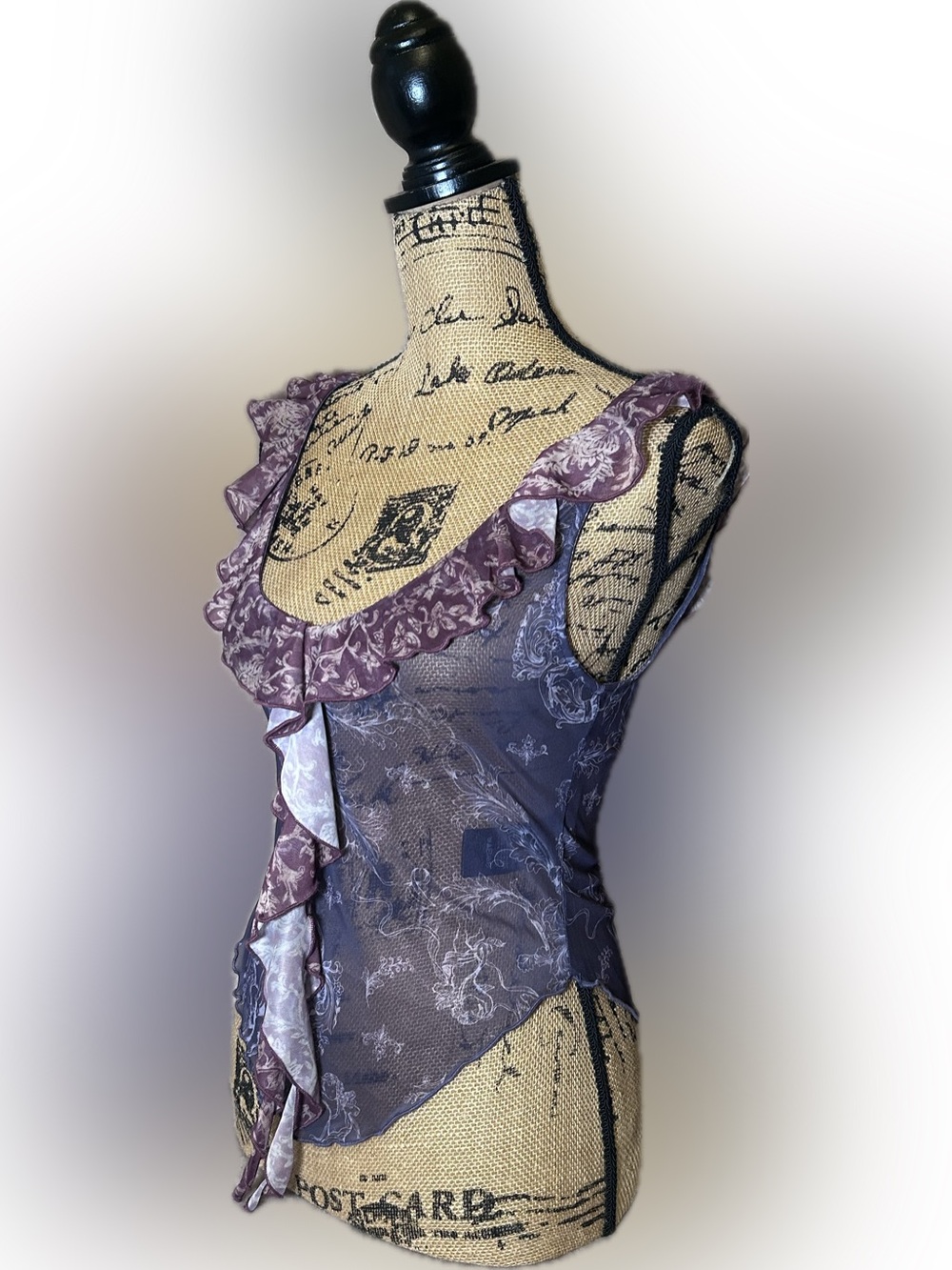 Kimchi Blue Purple Ruffled Sheer Y2K Flutter Moody Fairy Asymmetrical Tank Top S